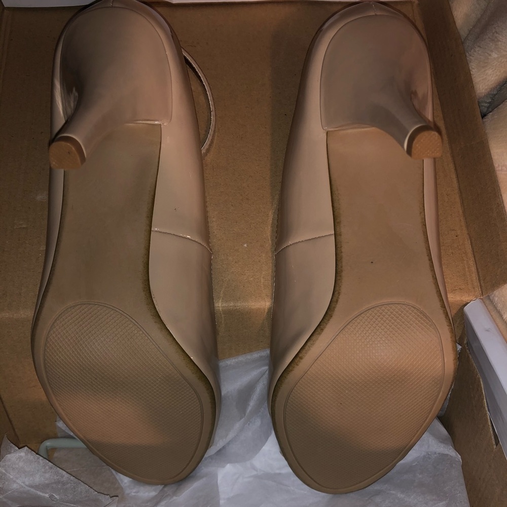 Nude Patent Leather Peep Toe Pumps - Picture 6 of 7